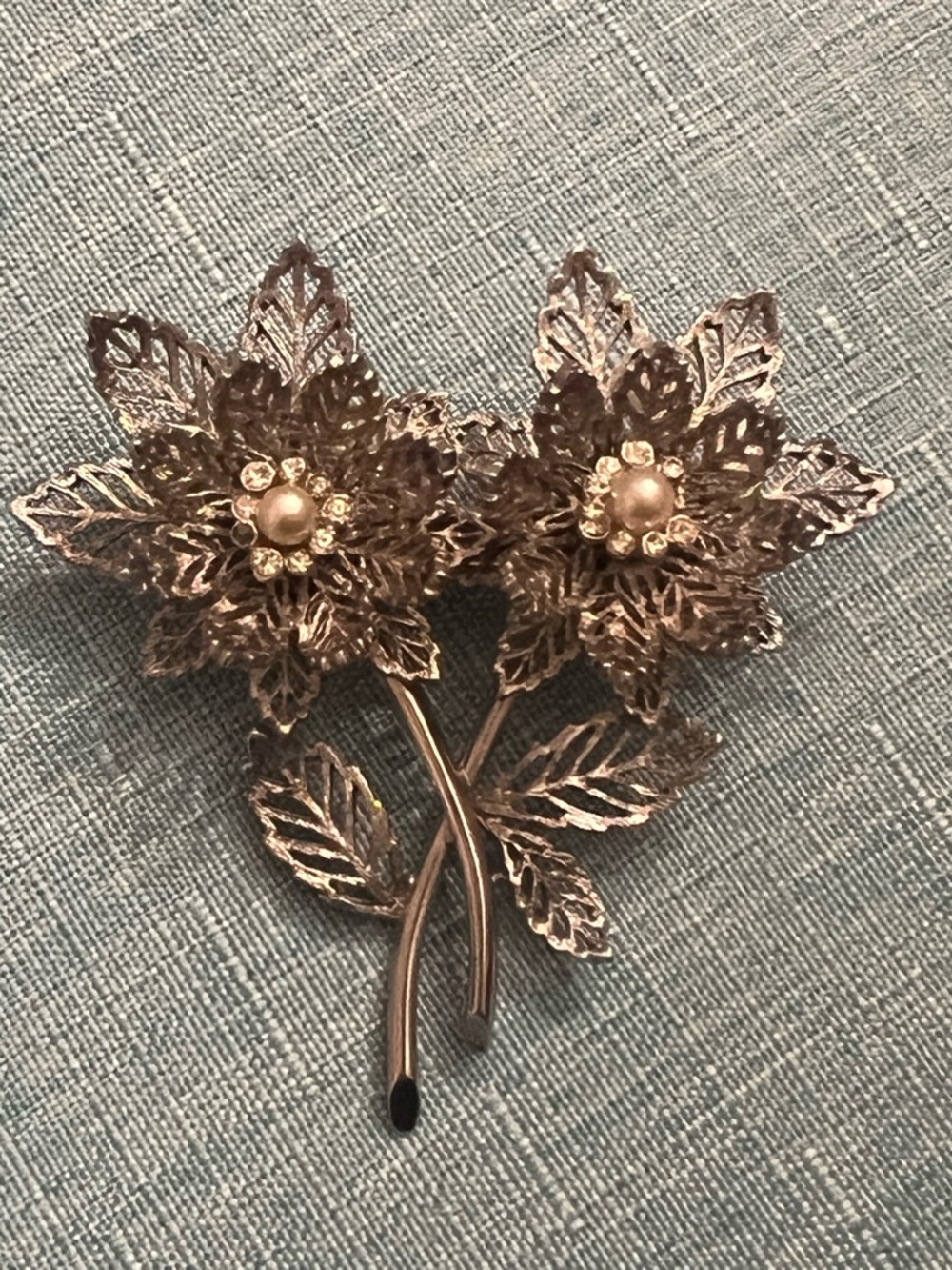 Carr silver tone double flower pin brooch with pearls and rhinestones